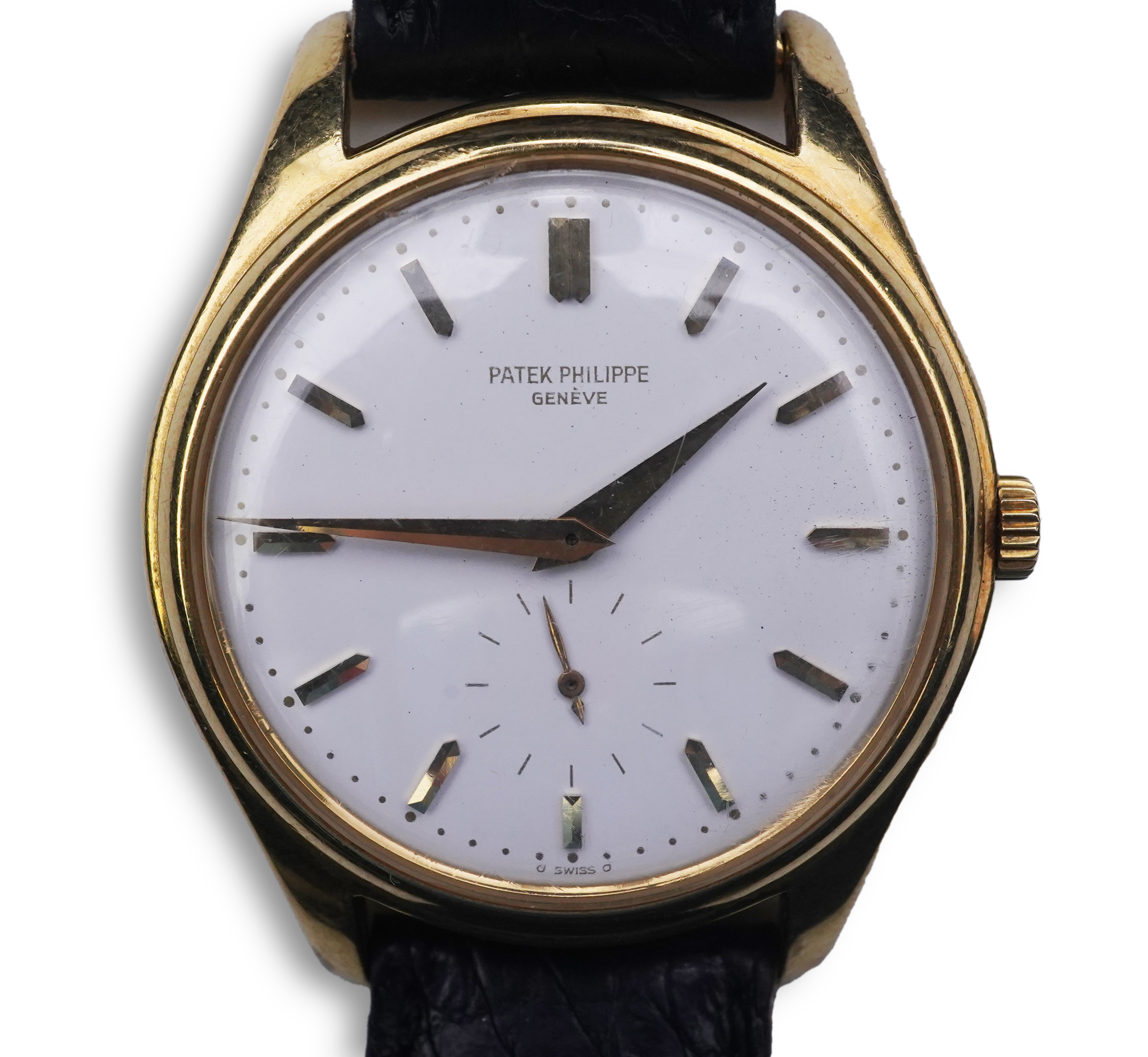 A gentleman's fine 18ct gold Patek Philippe Calatrava automatic wrist watch, model number 2526, on a Patek Philippe black leather strap with a Patek Philippe 18ct gold buckle